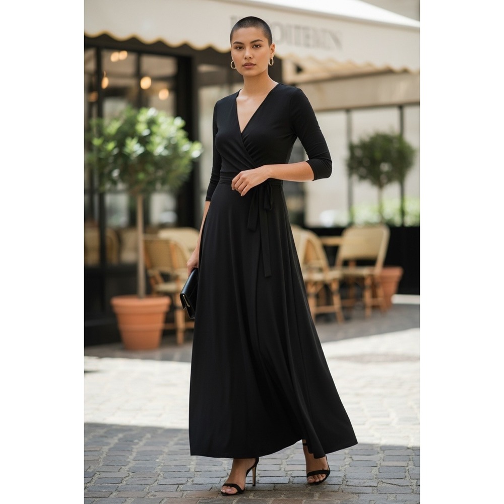 Ella Samani Black V-Neck Wrap Maxi Dress 3/4 Sleeve Size Large Made in USA 2838